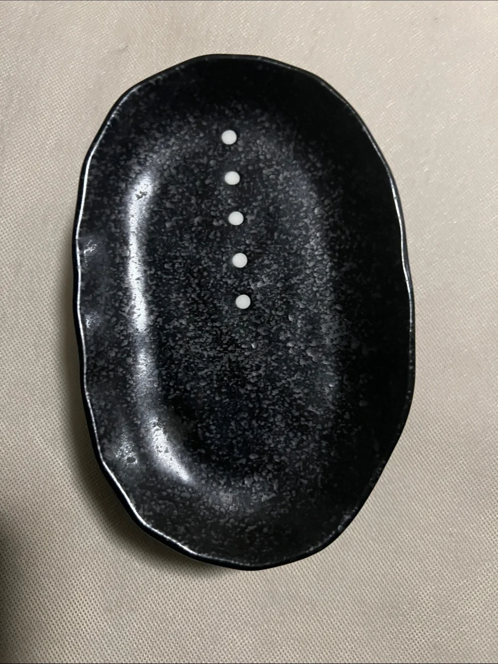 Vintage Japanese Wabi-Sabi Black Stoneware Soy Sauce Dishes White Dots Set of 4